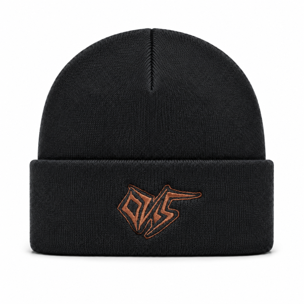 Black Ovis knitted beanie with rust embroidered logo, front view