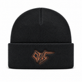 Black Ovis knitted beanie with rust embroidered logo, front view