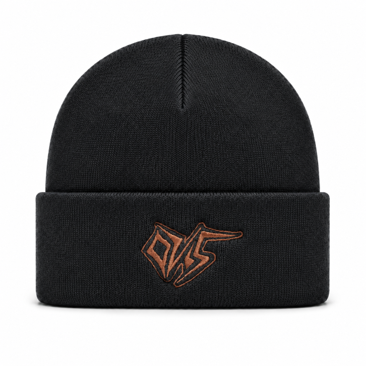 Black Ovis knitted beanie with rust embroidered logo, front view