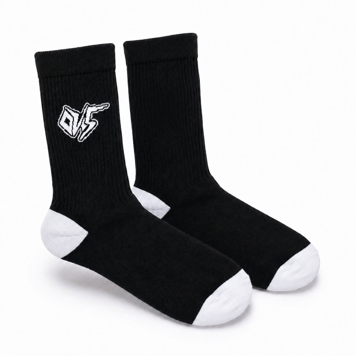 Ovis Crew Socks — Black, crew-length with white toe and heel caps and OVS side logo