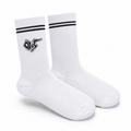 Ovis Crew Socks — White, front view with black OVS graffiti logo on the ankle