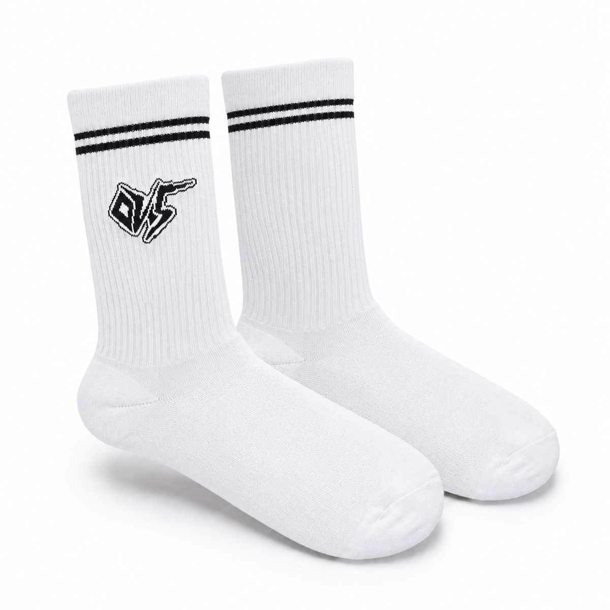 Ovis Crew Socks — White, front view with black OVS graffiti logo on the ankle